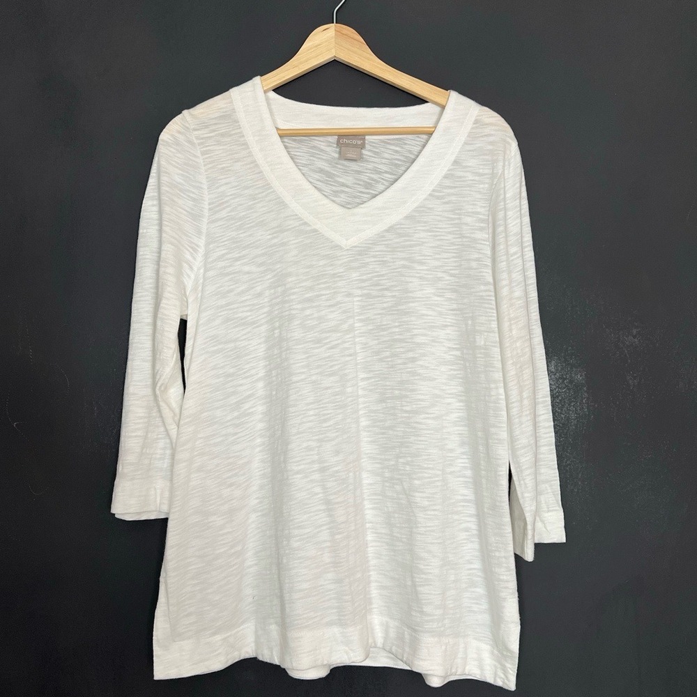 Chicos Top Womens‎ Size 1 White Casual Vneck 34 Sleeves Solid Summer Breathable